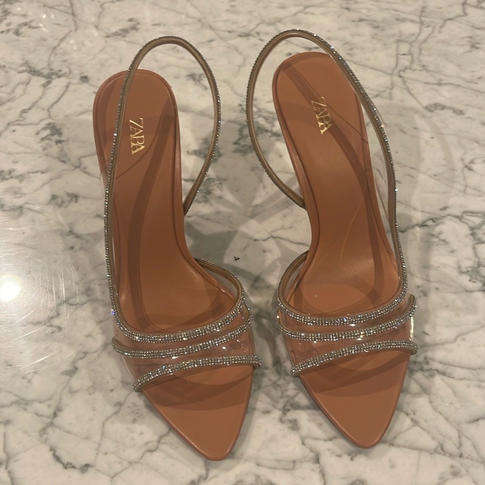 ZARA rhinestone vinyl high heel sandal light beige